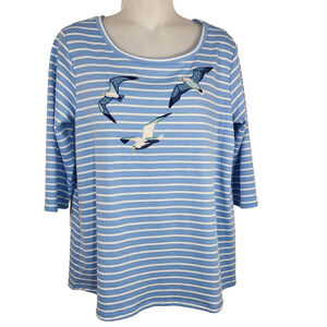 Cactus + Pearl Womens Seagull French Terry Top 3/4 Sleeve Nautical Striped Small